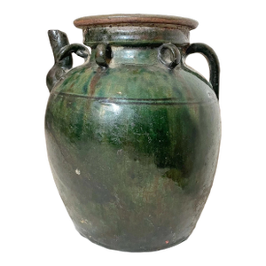 Antique Handmade Chinese 18th Century Pottery Terracotta Green Glaze Wine Jug