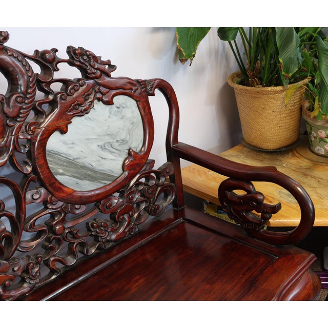 Exquisite 20th-Century Chinese Carved Rosewood & "Dream-Stone" Marble Settee For Sale - Image 9 of 12