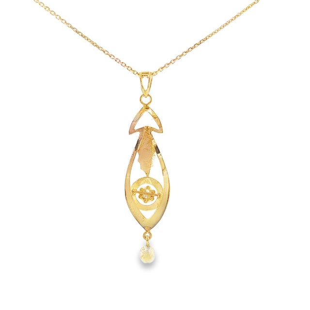 Victorian 19th Century Victorian 9k Old Mine Cut Diamond and Natural Pearl Hand-Engraved Lavalier For Sale - Image 3 of 5