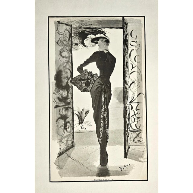 1947 French Fashion Design by Pierre Balmain, Matted For Sale - Image 4 of 4