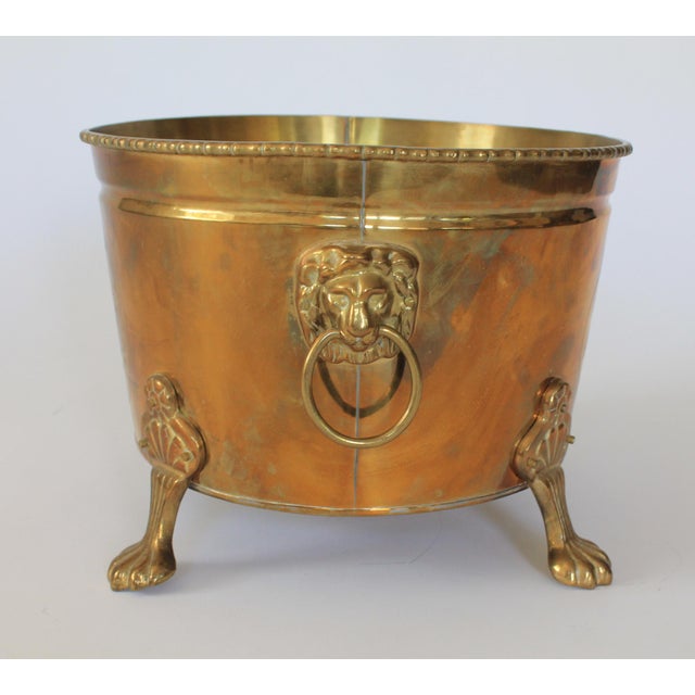 Vintage Oval Brass Cachepot W/ Lion Head Handles, Paw Feet and Etched Asian Motif For Sale - Image 11 of 18