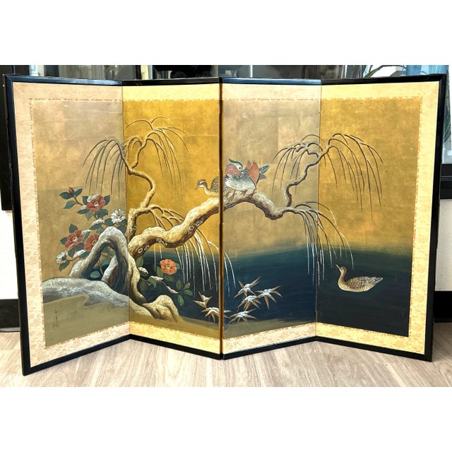 Antique Japanese Four Panel Byobu Screen: Mandarin Ducks by Snowy Pond in Early Spring. Kano School painting of a weeping...