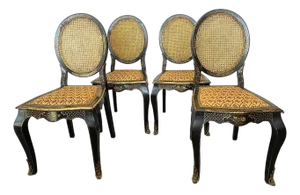 Antique English Chinoiserie Lacquer Chairs With Cane Backs and Brass Sabots- Set of 4