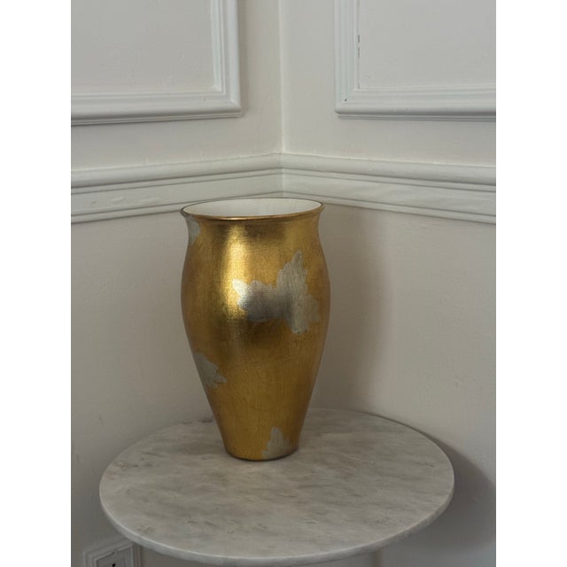 Vintage Italian Gilt Gold and Silver Leafed Terracotta Florentine Vase For Sale - Image 4 of 7