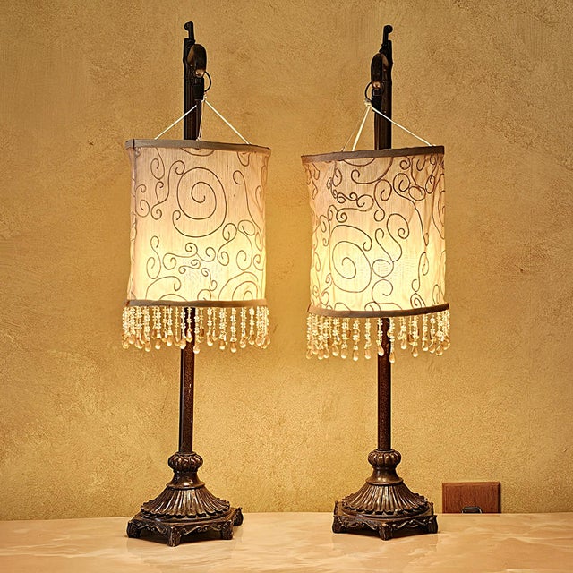 Hollywood Regency Vintage Bridge Arm Table Lamps With Beaded Shades - Pair For Sale - Image 3 of 18