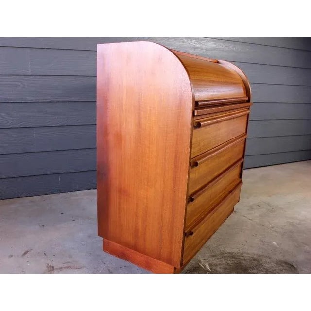 Mid Century Teak Roll Top Secretary Desk Made in Denmark Storage Scandinavian For Sale - Image 4 of 13