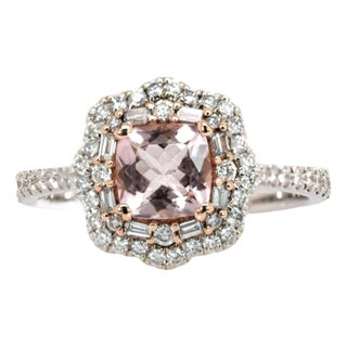 Cor De Rosa Morganite Double Diamond Halo Ring in Solid 14k Gold | Cu 6mm, Size 6.75 For Sale
