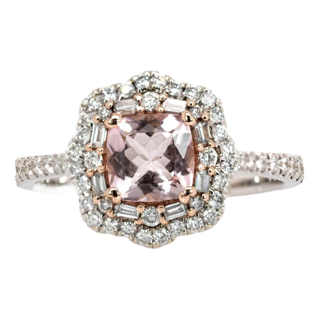 Cor De Rosa Morganite Double Diamond Halo Ring in Solid 14k Gold | Cu 6mm, Size 6.75 For Sale