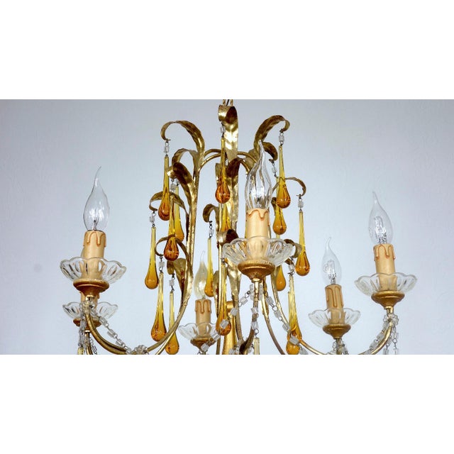 Mid-Century Modern Gilded Metal and Murano Glass Drop Chandelier, 1940s For Sale - Image 3 of 12