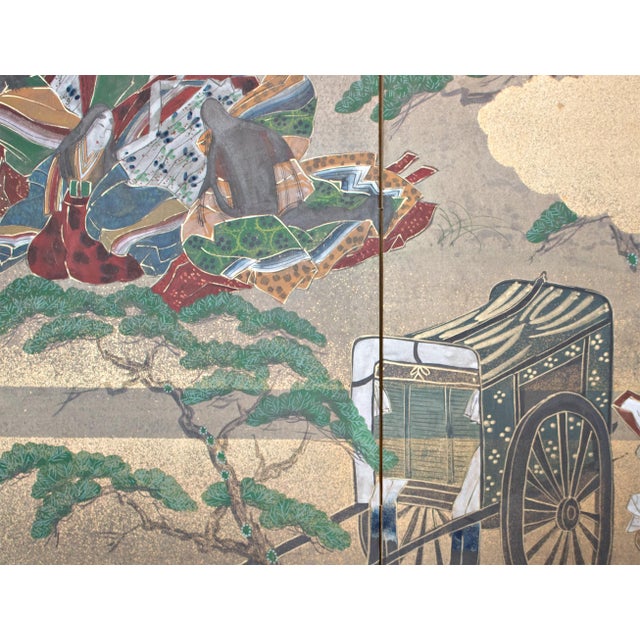"Dancing Kimono Beauties", C. 1960s Shōwa Era Yamato-E Style Painted Byobu Screen For Sale - Image 11 of 18