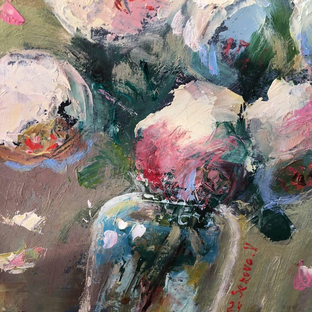 Plastic Framed Floral White Flowers Peonies Bouquet Original Painting by Valeriya Serova For Sale - Image 7 of 14