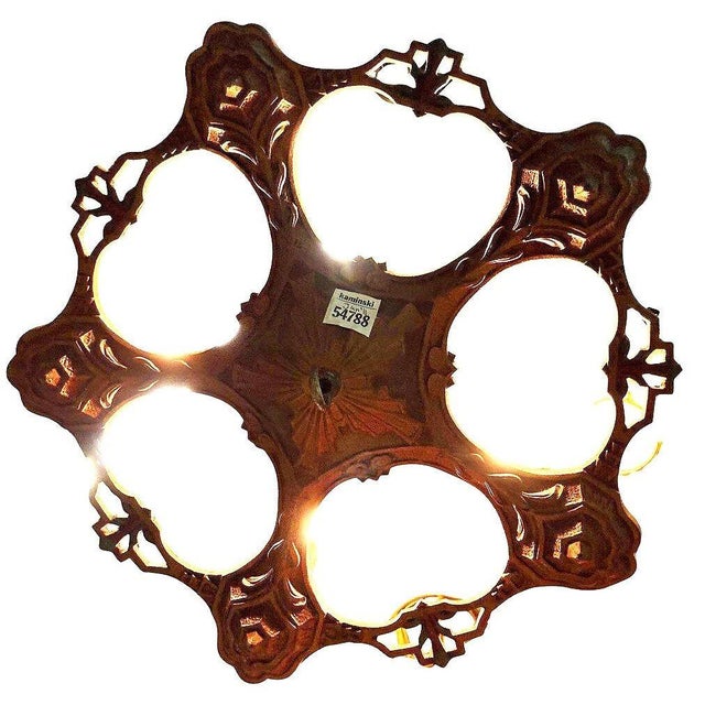 Metal 1920s Art Deco Brass Five Light Romantic Revival Polychrome Candelabra Chandelier For Sale - Image 7 of 7