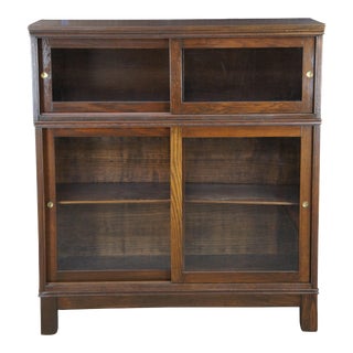 Early 20th Century Antique Mission Oak Showcase Store Display Cabinet Bookcase with Sliding Doors For Sale