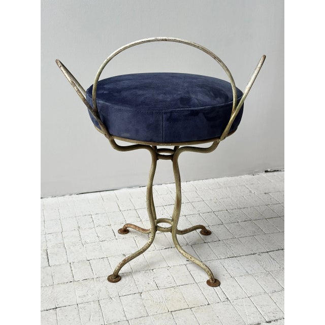 Vintage White-Painted Iron Petal Back Vanity Chair With Navy Suede Seat, Circa Mid-20th Century For Sale - Image 10 of 16