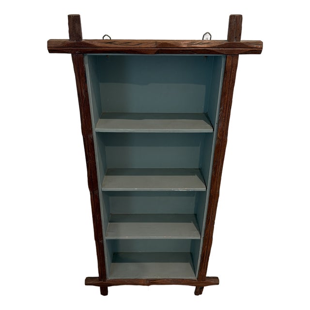 Vintage Folk Art Rustic Twig Wall Shelf With Blue-Green Interior For Sale