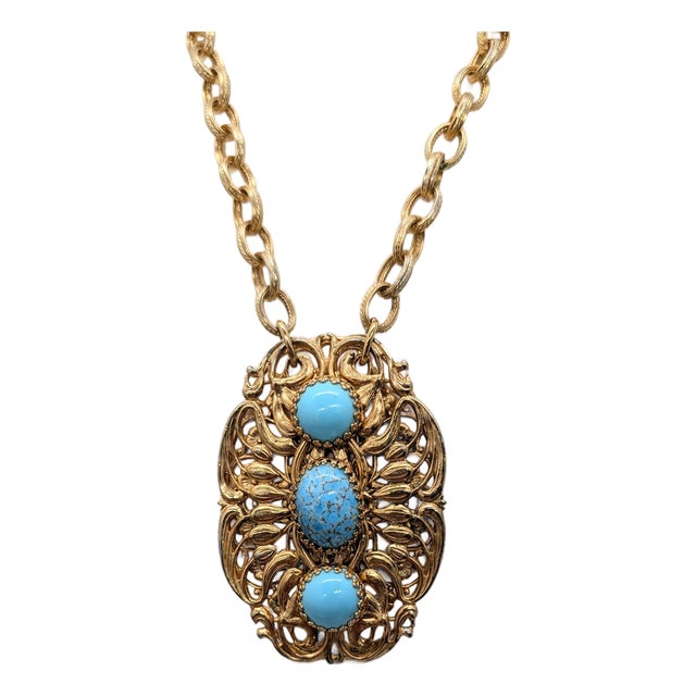 Vintage 1960s Signed Napier Goldtone Cabochon Faux-Turquoise Pendant Necklace For Sale