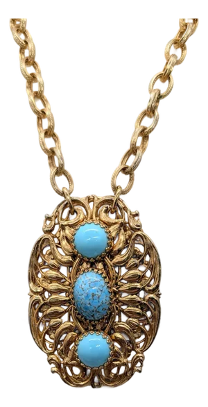 Vintage 1960s Signed Napier Goldtone Cabochon Faux-Turquoise Pendant Necklace