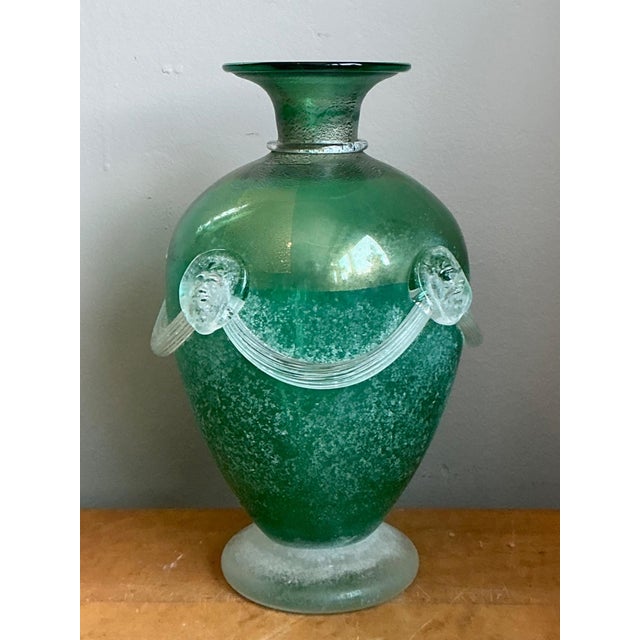 Glass Vintage Green Art Glass Vase With Relief Faces For Sale - Image 7 of 12