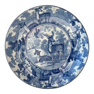 Antique Early 19th Century English Staffordshire Pearlware Blue & White Transferware Serving Dish With Deer in a Parkland For Sale