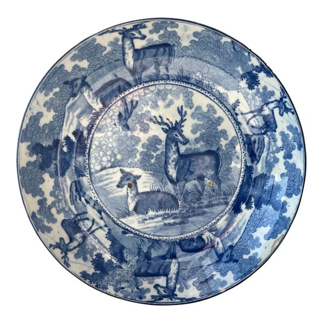 Antique Early 19th Century English Staffordshire Pearlware Blue & White Transferware Serving Dish With Deer in a Parkland For Sale