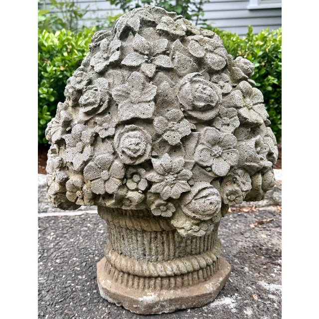 Gray Cast Stone Flower Basket Sculpture Garden Ornament Mid 20th Century For Sale - Image 8 of 18