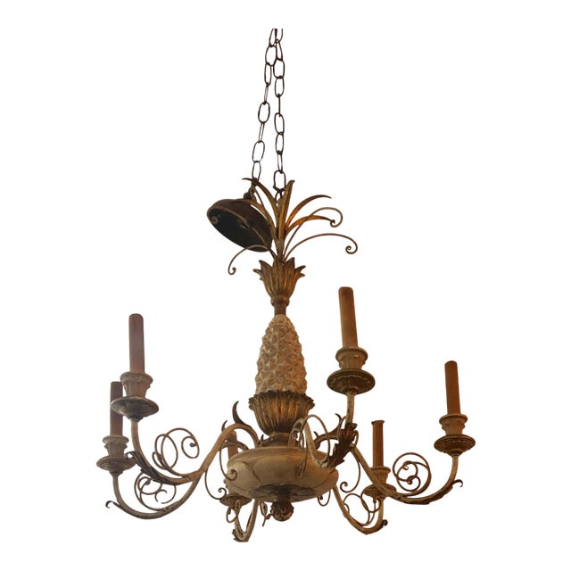 Italian Pineapple Carved Wood and Iron Chandelier For Sale