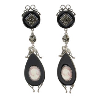 John Galliano Victorian Style Cameo and Black Enamel Clip Earrings For Sale
