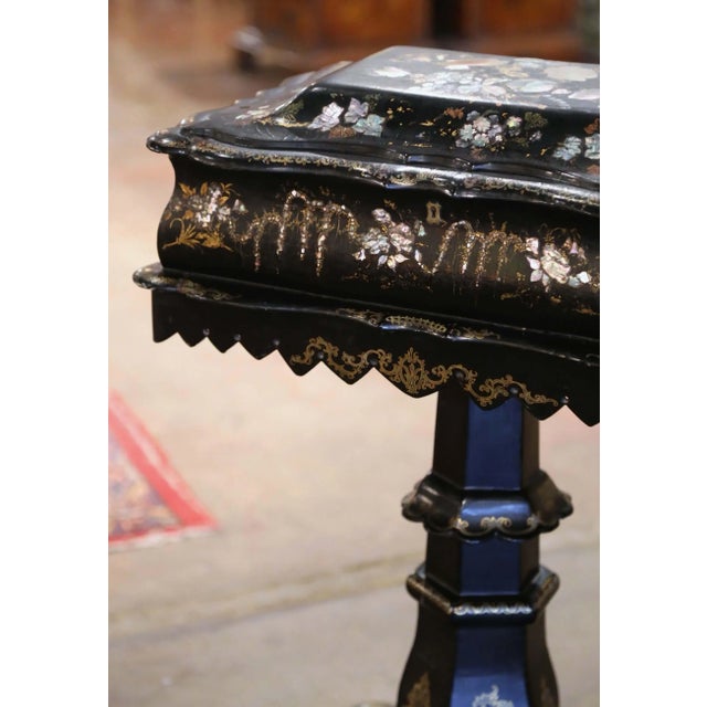 19th Century English Victorian Papier-Mâché Sewing Table With Pearl Inlay For Sale In Dallas - Image 6 of 13