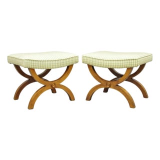 Vintage Italian Neoclassical Style Walnut Wood Curule X-Form Stool - A Pair For Sale