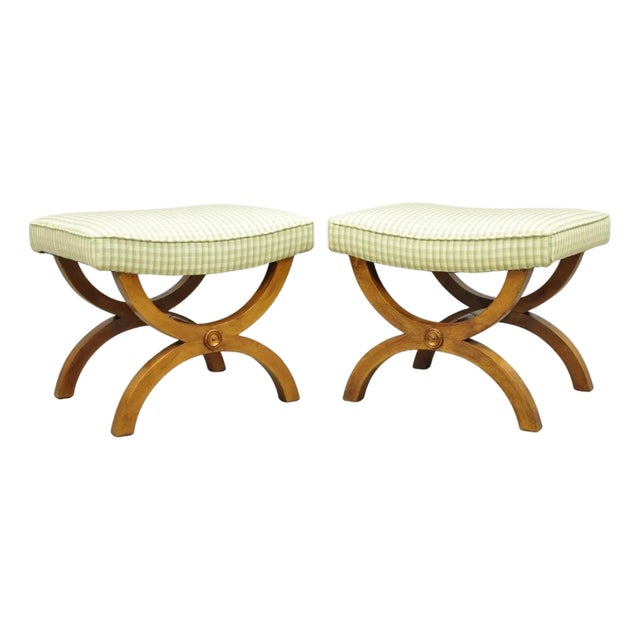 Vintage Italian Neoclassical Style Walnut Wood Curule X-Form Stool - A Pair For Sale