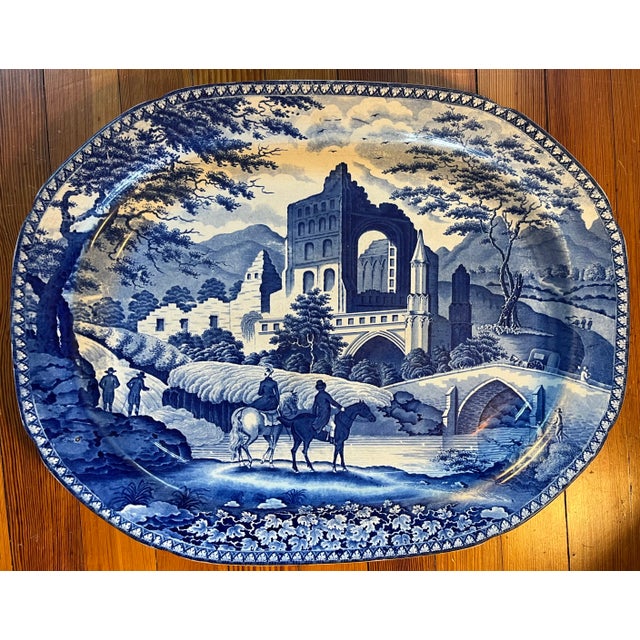 Blue Large Antique Early 19th C. English Staffordshire Pearlware Blue & White Transfer Platter by Robert Hamilton of Stoke in the Gothic Ruins Pattern 1820 For Sale - Image 8 of 8