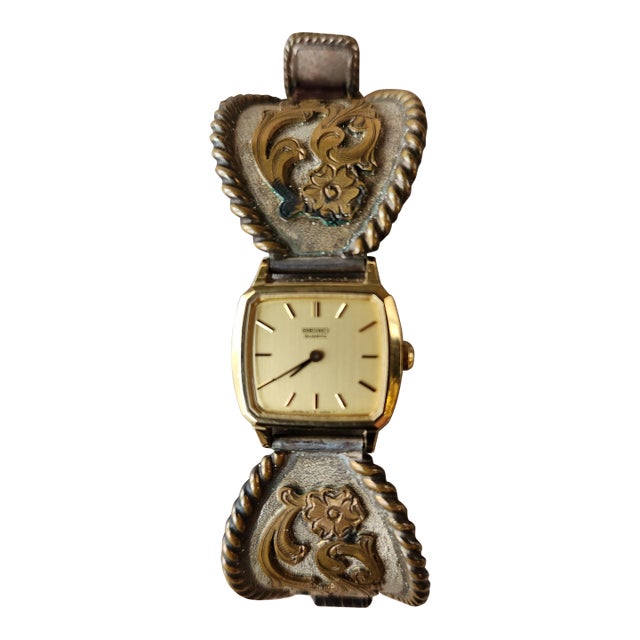 1970s Western Watch Sterling Silver Leather Band For Sale