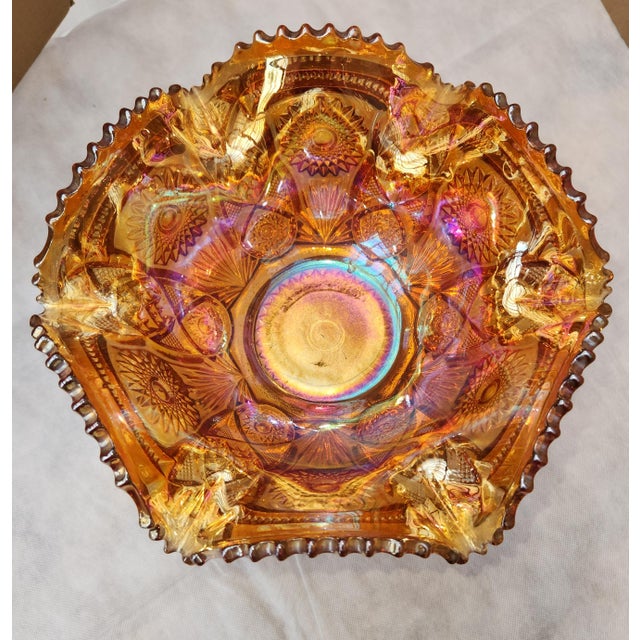 Mid-Century Modern Vintage Imperial Glass Carnival Twins Bowl With Pedestal Hobstars and Arches For Sale - Image 3 of 4