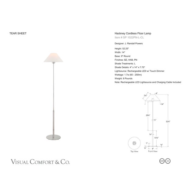 J. Randall Powers by Visual Comfort Signature Hackney Cordless Floor Lamp in Polished Nickel with Linen Shade Designer: J....