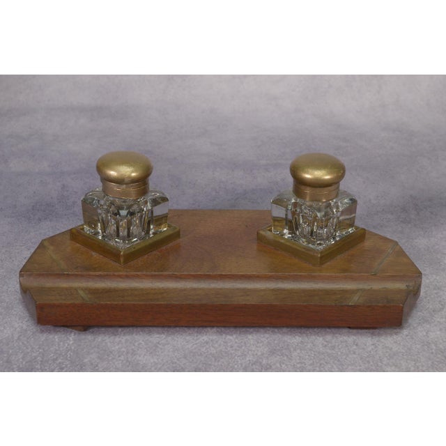 Art Deco Inkwell Wooden Support with Brass Inlay 2 Uraline Glass Inkwell, 1930s, Set of 3 For Sale - Image 14 of 14
