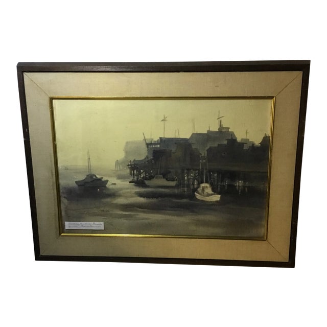 1970s Vintage Marion Morrison Wharf, Monterey Ca Signed Watercolor Painting For Sale