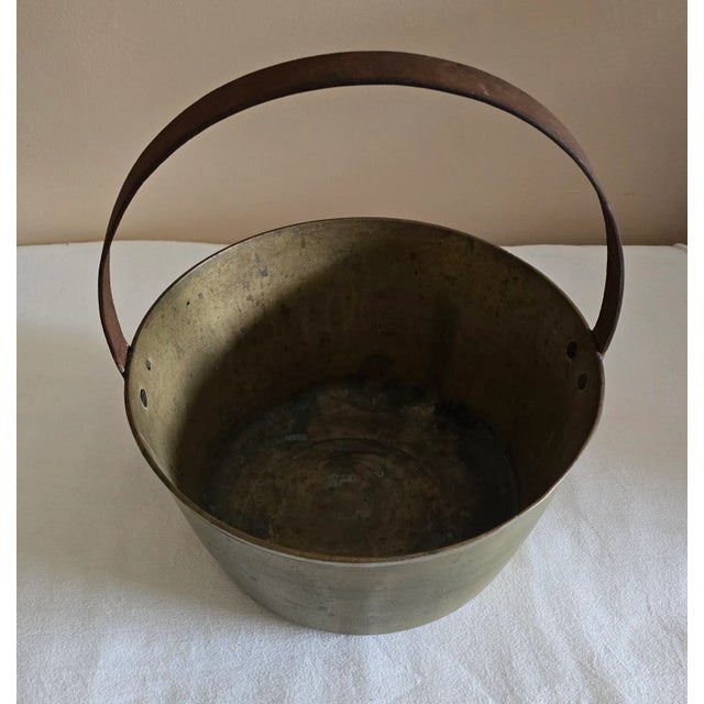 Antique Heavy Thick Brass Jam Pan Cooking Pot With Forged Iron Handle For Sale - Image 4 of 11