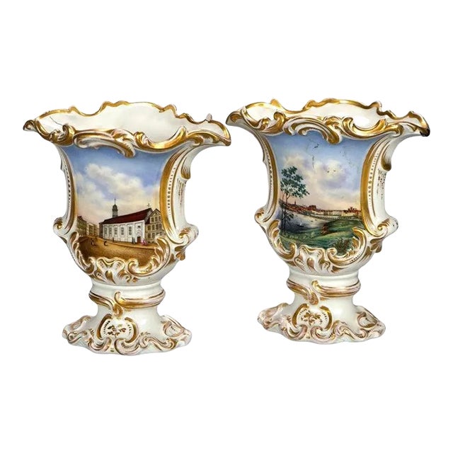 Pair Antique German Porcelain Hand Painted & Gilt Scenic Vases 19th Century For Sale
