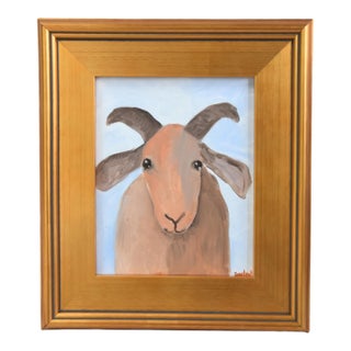 Folk Art Billy Nanny Goat Portrait Painting Including the Antiqued Gold Wood Frame For Sale