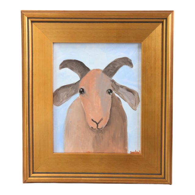 Folk Art Billy Nanny Goat Portrait Painting Including the Antiqued Gold Wood Frame For Sale