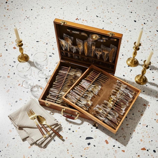 Mid Century Modern Flatware Set in Rosewood & Bronze-Teak Case, Thailand- 100 Pieces For Sale - Image 6 of 11