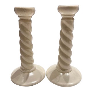 Vintage Anthony Freeman McFarlin Candlesticks - Pair of White Ceramic Twist Candle Holders With Original Foil Labels For Sale