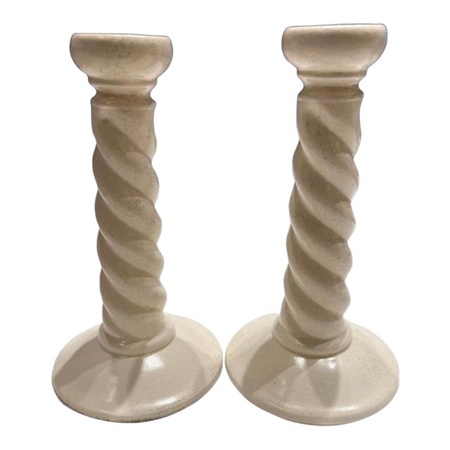 Vintage Anthony Freeman McFarlin Candlesticks - Pair of White Ceramic Twist Candle Holders With Original Foil Labels For Sale