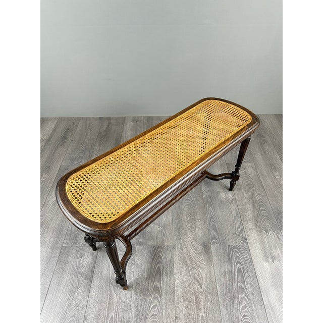 Brown Antique Louis XVI Wooden Bench with Caned Seat For Sale - Image 8 of 9