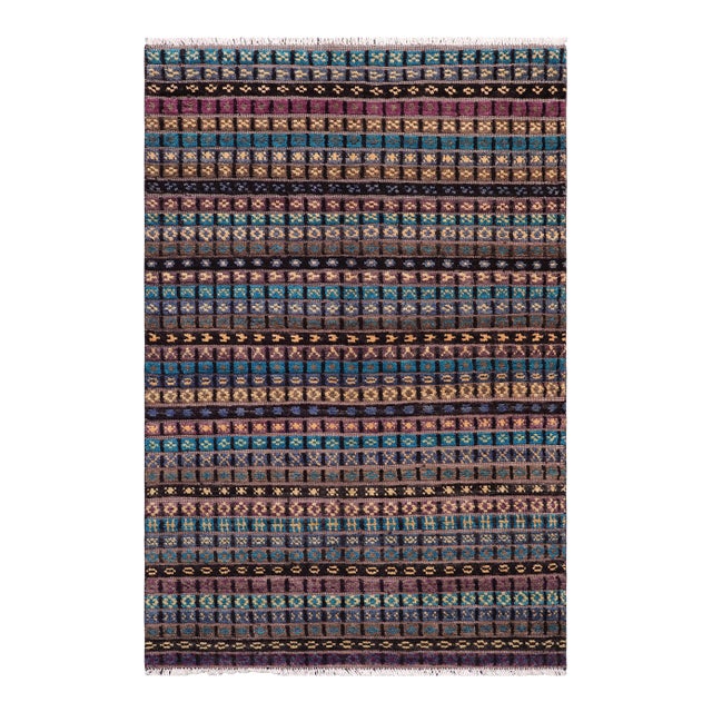 Boho Chic Black/Gold High Low Wool Rug - 4'6'' X 7'0'' For Sale