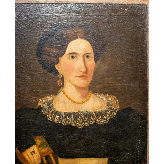19th Century American Folk Art Fine Portrait Painting of a Distinguished Lady For Sale In New York - Image 6 of 12