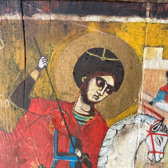 Late 19th Century Large Antique 28" Eastern Orthodox Folk Art Icon - St. George & Dragon - 2" Wood Slab For Sale - Image 5 of 12