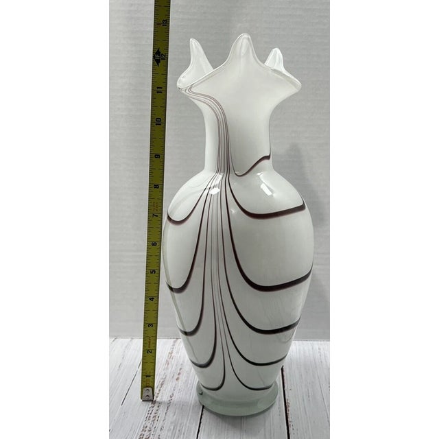 Vintage Murano Style White & Amethyst Pulled Swirl Hand Blown Art Glass Vase For Sale In Dallas - Image 6 of 9