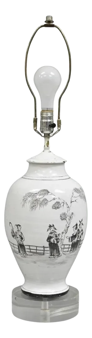 Vintage Chinoiserie White Ceramic Jardiniere Vase Oriental Table Lamp on Lucite