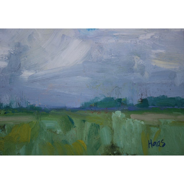 Contemporary Landscape Oil – Dramatic Sky Over Soft Green Meadow For Sale - Image 4 of 8